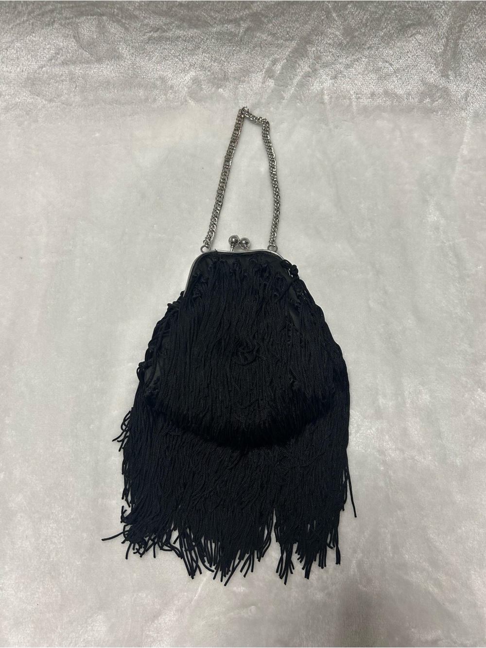 Womenโs Bebe black silver small fringe evening bag purse handbag clutch